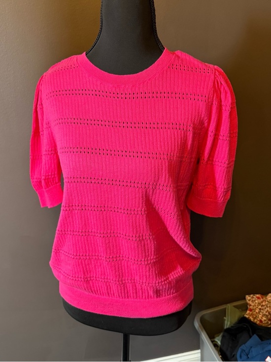 LOFT Sweaters - LOFT Bright Pink Short Sleeve Openwork Knit Top